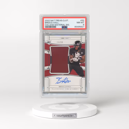 2022 Panini National Treasures Collegiate #62 Breece Hall - College Materials Signature (PSA 8 NM-MT)