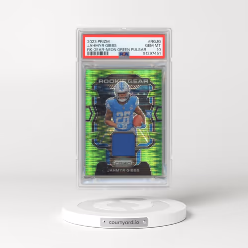 2023 Panini Prizm Rookie Gear #RGJG Jahmyr Gibbs - Neon Green Pulsar (PSA 10 GEM MINT)