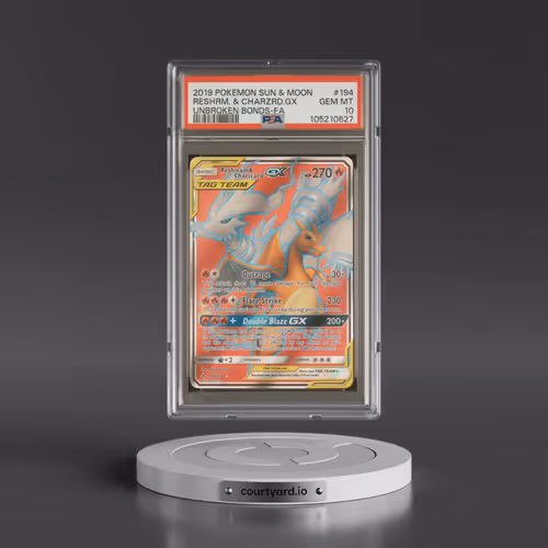 2019 Pokémon Sun & Moon Unbroken Bonds #194 Reshiram & Charizard GX - Holo Full Art (PSA 10 GEM MINT