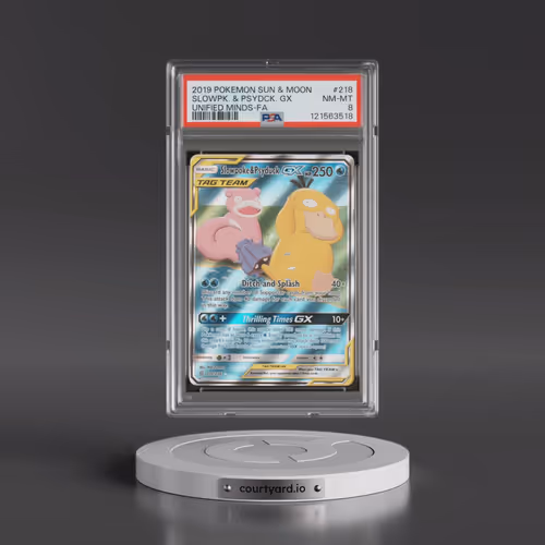 2019 Pokémon Sun & Moon Unified Minds #218 Slowpoke & Psyduck GX - Holo Full Art (PSA 8 NM-MT)