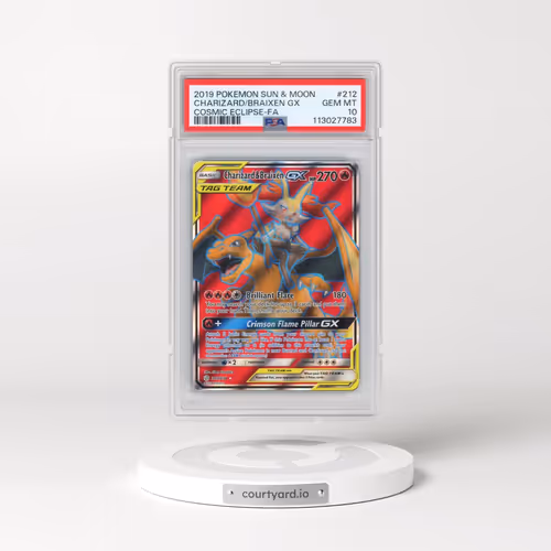 2019 Pokémon Sun & Moon Cosmic Eclipse #212 Charizard & Braixen GX - Holo Full Art (PSA 10 GEM MINT)