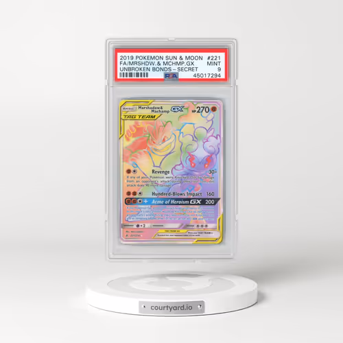 2019 Pokémon Sun & Moon Unbroken Bonds #221 Marshadow & Machamp GX - Holo Full Art Secret (PSA 9 MINT)