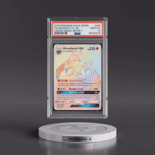 2019 Pokémon Sun & Moon Unified Minds #244 Aerodactyl GX - Holo Full Art Secret (PSA 10 GEM MINT)
