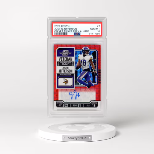 2023 Panini Zenith Contenders Optic Veteran Ticket Preview Autographs #7 Justin Jefferson - Red (PSA 10 GEM MINT)