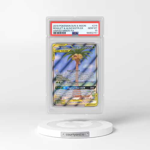 2019 Pokémon Sun & Moon Unified Minds #215 Rowlet & Alolan Exeggutor GX - Holo Full Art (PSA 10 GEM MINT)