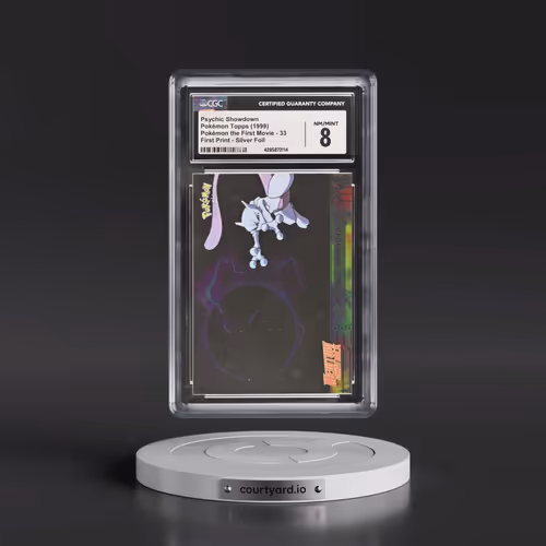 1999 Pokémon the First Movie #33 Psychic Showdown - First Print (Blue Topps Logo) Silver Foil (CGC 8