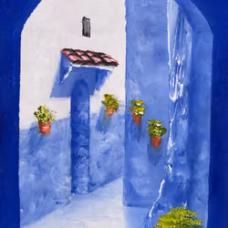 Narrow aisle with flowers in Chefchaouen