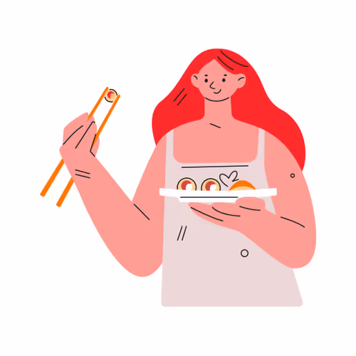 Girl and sushi rolls.