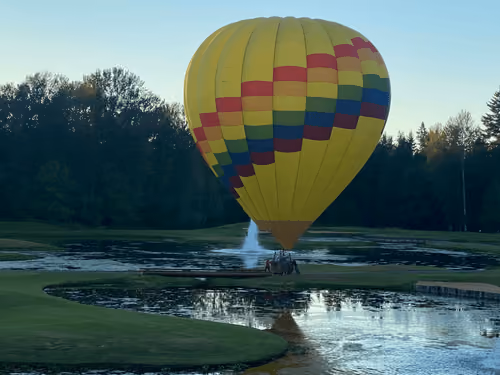Beautiful ride ends with landing in between fountains