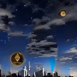 ETH Moon and Bitcoin Planet Over City