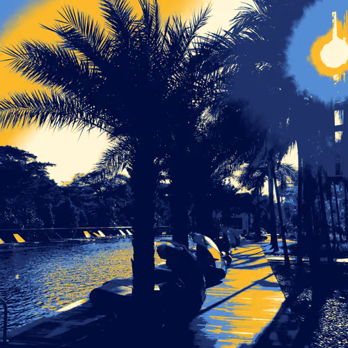 people by the pool at sunset
