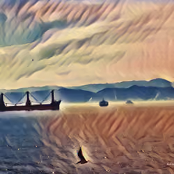 Freighter floating in the open sea