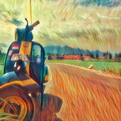 scooter with village view