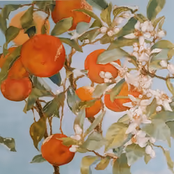 Silk flowers orange blossoms by Alona Shpendik, silk batik, ArtCraftLand Israeli painters 