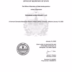 Thousand Acre Project - Vermont Blockchain Based LLC Paperwork