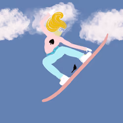 Big Air Big Hair Woman Snowboarder in Turquoise and Pink