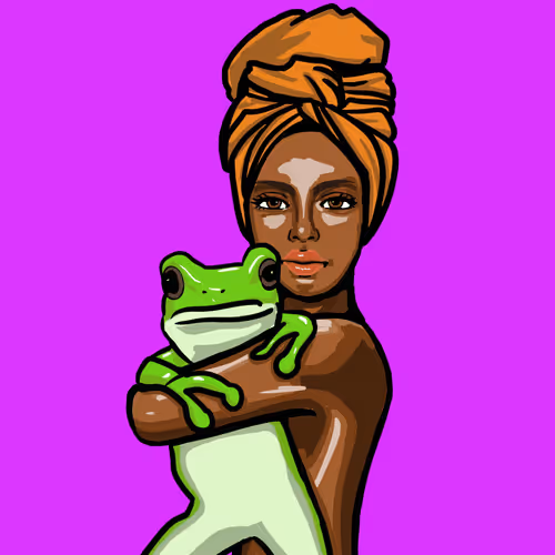 a green frog and a girl