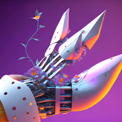 Futuristic robotic hand holding a flower