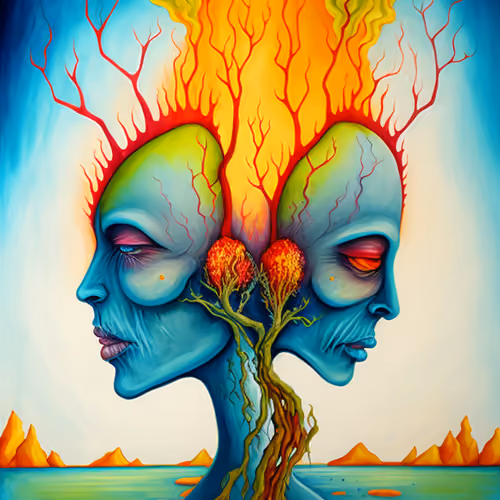 Twins with tree growing out of their heads