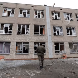 A view shows a school building, which locals said was damaged by recent shelling, in the separatist-controlled town of Horlivka (Gorlovka) in the Donetsk region