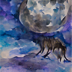 Wolf And Moon Blue Night