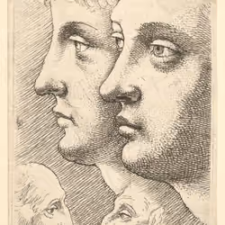 Two youths in profile to left with two grotesque heads facing each other below 17.50.18-248
