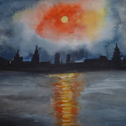 Made on canvas.Full moon light and reflection on River