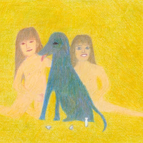 A dog with two women