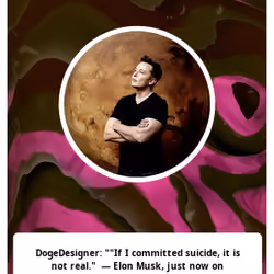 DogeDesigner: ""If I committed suicide, it is not real."  — Elon Musk, just now on Twitter Spaces

Protect @elonmusk at all costs, he is freeing the world."