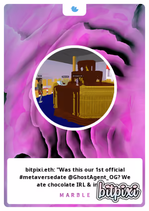 bitpixi.eth: "Was this our 1st official #metaversedate @GhostAgent_OG? We ate chocolate IRL & in the fountain! Invited 3rd wheel via womp & this guy showed up, stared, & asked for free wearables. LOL I sent him one. Then we checked out Ghost's vox art 😘 @cryptovoxels 

https://t.co/BPRuN38FAy"