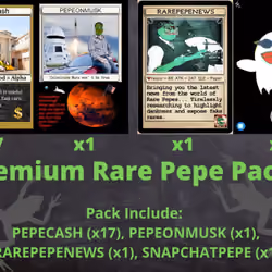 Premium Rare Pepe Pack || 20 Cards || PEPECASH (x17), PEPEONMUSK (x1), RAREPEPENEWS (x1), SNAPCHATPE