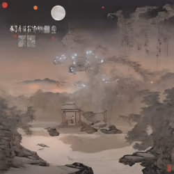 A Painting Of A Japanese Landscape With A Lantern