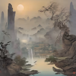 A Painting Of A Waterfall And A Waterfall