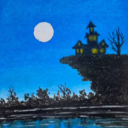 Moonlight scenery painting with oilpastel