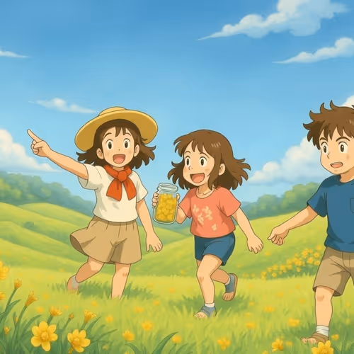 Anime art: Children playing in a grassy field