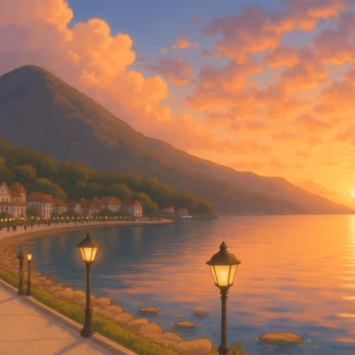 Anime Painting: A Serene Sunset over a Seaside City