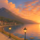 Anime Painting: A Serene Sunset over a Seaside City