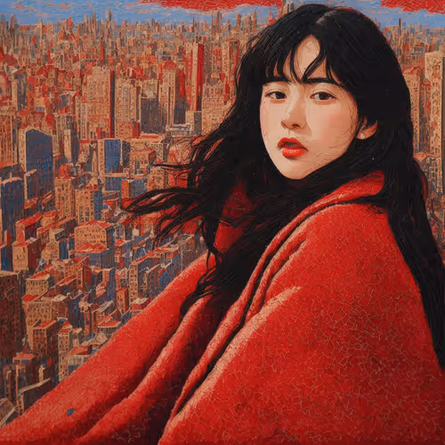 Red Jacket Elegance: Cracked Beauty