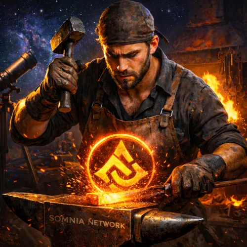 A blacksmith forging the Somnia Network emblem