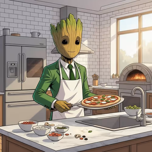 Groot makes pizza