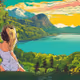 A woman sitting on a hill overlooking a body of water.