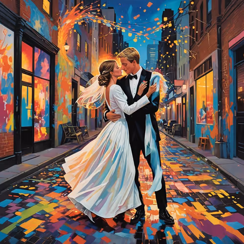 The bride and groom are dancing a slow dance