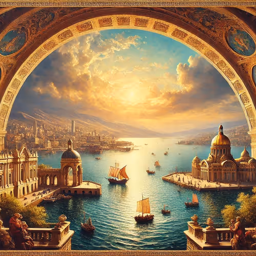 "Golden Reflections: Baku Bay at the Caspian Sea - end of 19th Century"