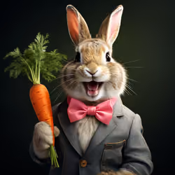 laughing rabbit with pink ribbon
