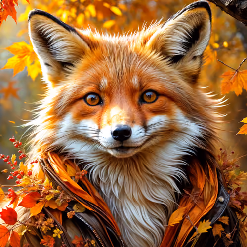 The fox in a jacket in the autumn forest