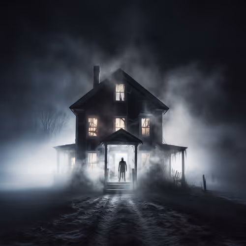A house with a person standing in the doorway. 1