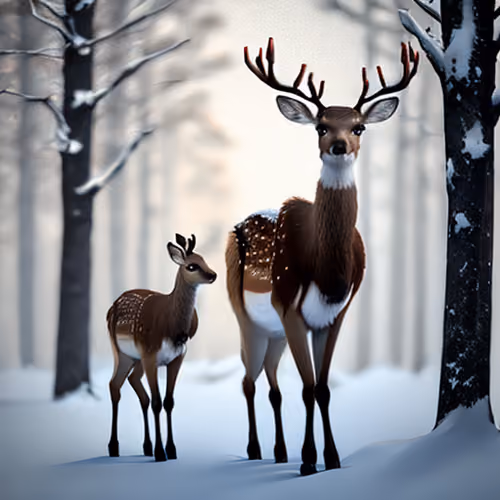 Deers in Winter Forest