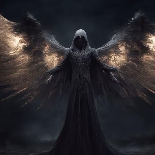 A person in a black robe with wings. 19