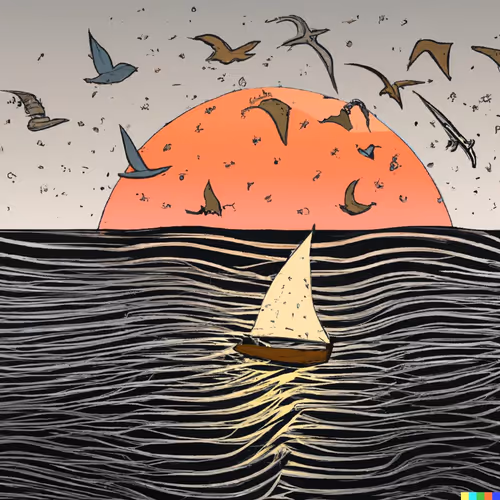 sailboat circled by birds on the sea at sunrise