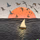 sailboat circled by birds on the sea at sunrise